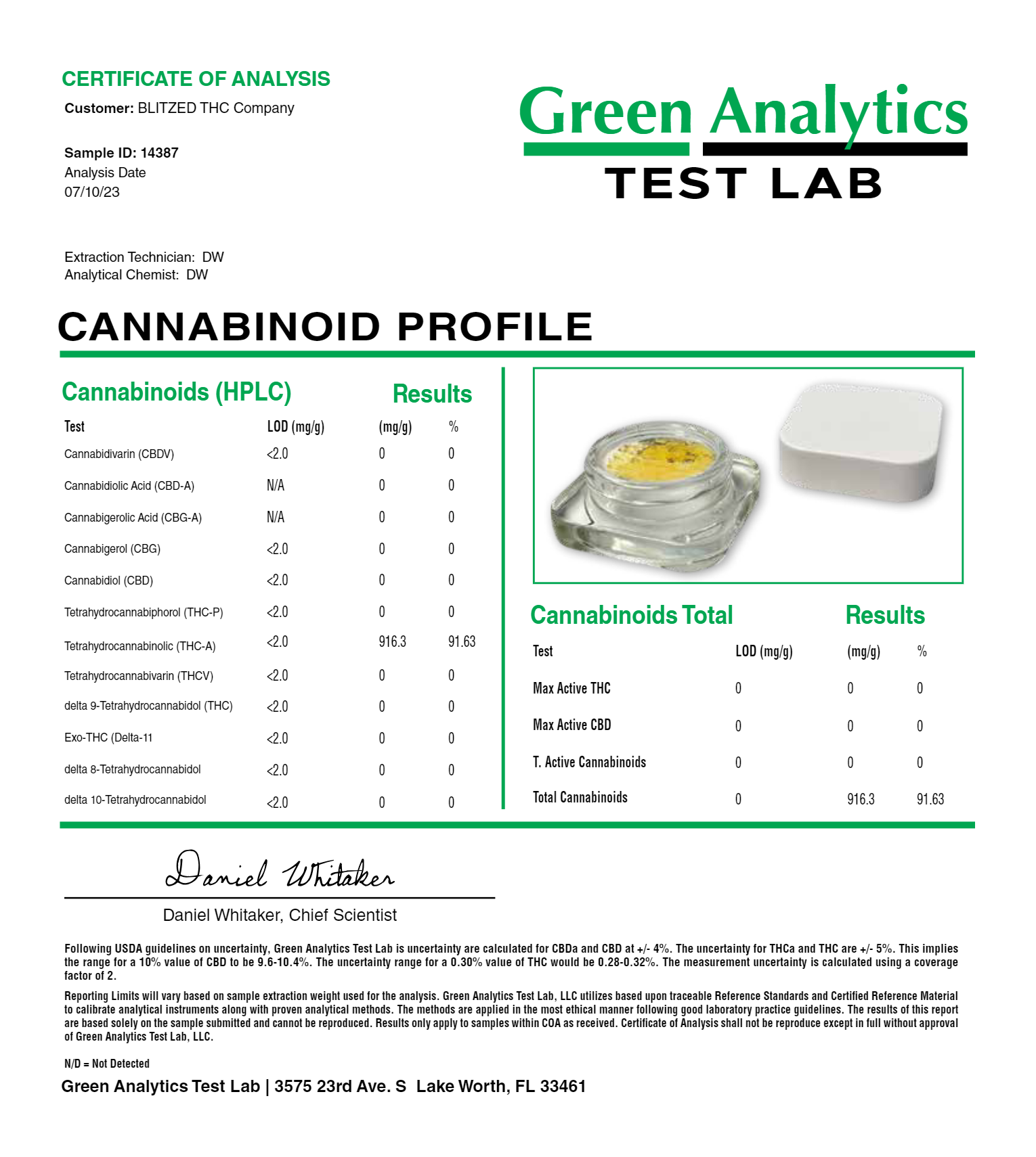 Blitzed 3g THCA dab COA